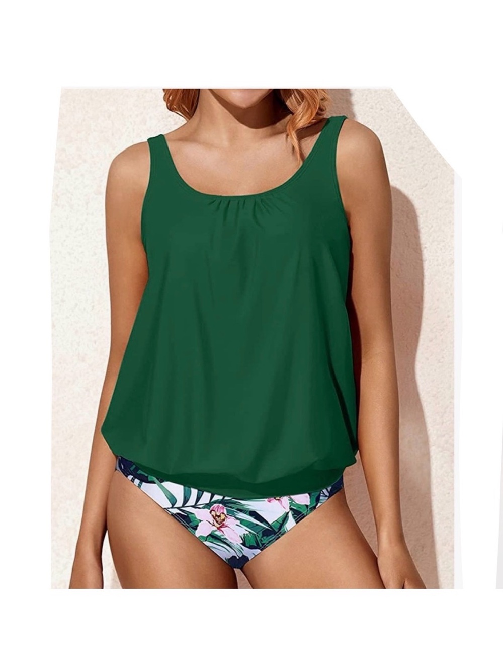 Women's Green Tankini Swim Top and Tropical Floral Bottom 2-Pc Set, Size L